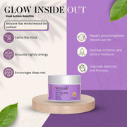 Serenade Barrier & Bliss Night Face Cream jar on a wooden stand, promoting calm and skin repair.